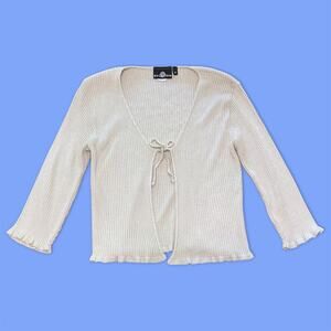 Y2K 2000s 00s Beige Cardigan Sweater Top‎ Open Front Tie Up Ribbed - Size Medium